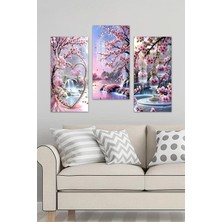 KutuTR 3D Görünümlü 2d Uv Baskı Temperli Cam Tablo Set – Pembe Çiçekli Şelale Manzarası – 60X30 Cm- DCS064