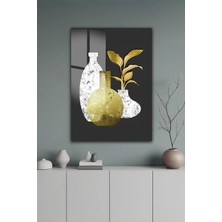 KutuTR Altın ve Beyaz Renkli Soyut Vazo ve Yaprak Desenli Temperli Cam Tablo 2d Uv Baskı - YCT506
