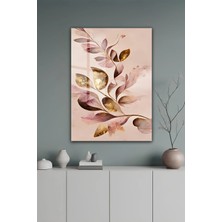 KutuTR Pudra Pembe ve Gold Yaprak Desenli Bej Zeminli Temperli Cam Tablo 50X70 cm 2d Uv Baskı - YCT544