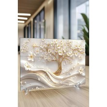 KutuTR Beyaz Çiçekli Hayat Ağacı Temalı Temperli Cam Tablo 50X70 cm 2d Uv Baskı - YCT002