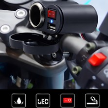 OtoÇizgi Motosiklet Gidon Tipi Su Geçirmez USB Şarj Soketi ve Çakmaklık - LED Göstergeli & Açma/kapama Anahtarlı