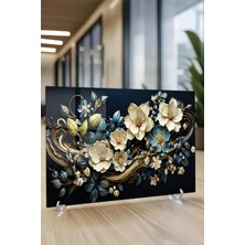 KutuTR Mavi Çiçekli Altın Detaylı Temperli Cam Tablo 50X70 cm 2d Uv Baskı - YCT018