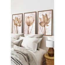 KutuTR Kahverengi Ahşap Çerçeveli 2duv Baskı 3’lü Mdf Tablo–bej ve Gold Lotus Çiçeği Temalı-Kahve CRV1147