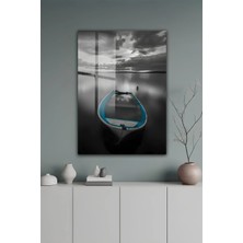 KutuTR Siyah Beyaz Sanatsal Deniz ve Sandal Temperli Cam Tablo 2d Uv Baskı - YCT438