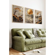 KutuTR Ahşap Çerçeveli 2d Uv Baskı 3'lü Tablo Set–altın Ay ve Minimal Japon Manzarası Temalı- CRV1273