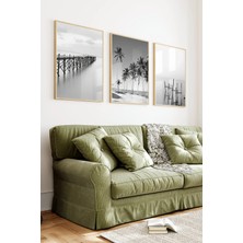 KutuTR Ahşap Çerçeveli 2d Uv Baskı 3'lü Tablo Set–dingin Sahil ve Palmiye Desenli- CRV1410