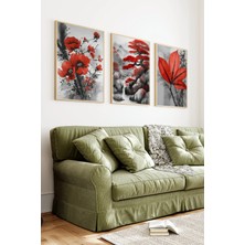 KutuTR Ahşap Çerçeveli 2d Uv Baskı 3'lü Tablo Set–siyah Beyaz ve Kırmızı Bonsai Ağacı & Çiçekli- CRV1409