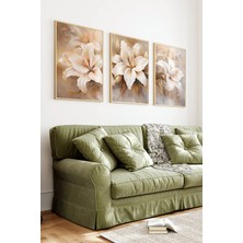 KutuTR Ahşap Çerçeveli 2d Uv Baskı 3'lü Tablo Set–modern Vizon Tonları Lilyum Desenli- CRV1349