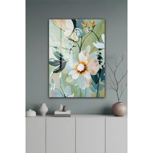 KutuTR Pastel Tonlarda Modern Çiçek ve Kelebek Temalı Temperli Cam Tablo 2d Uv Baskı - YCT321