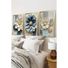 KutuTR Gold Renk Ahşap Çerçeveli Mavi ve Krem Çiçek Temalı 2duv Baskı 3’lü Mdf Tablo-Gold CRV1054