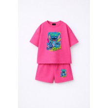 Fasardi Stitch Baskılı Oversize %100 Pamuk Tişört Şort Çocuk 2li Takım