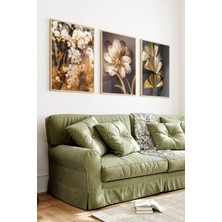 KutuTR Ahşap Çerçeveli 2d Uv Baskı 3'lü Tablo Set–3d Çiçek Etkili Gold Işıltılı Doğa Temalı- CRV1403
