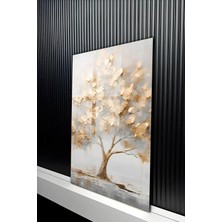 KutuTR Altın ve Gümüş Tonlarında Estetik Ağaç Temal Temperli Cam Tablo 50X70 cm 2d Uv Baskı - YCT155