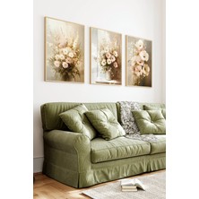 KutuTR Ahşap Çerçeveli 2d Uv Baskı 3'lü Tablo Set–krem Bej Tonlarında Soft Çiçek Temalı- CRV1268