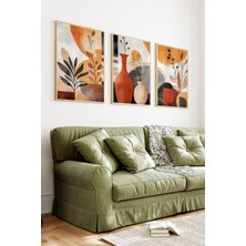 KutuTR Ahşap Çerçeveli 2d Uv Baskı 3'lü Tablo Set–turuncu Vazo ve Minimal Yaprak Desenli- CRV1260