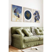 KutuTR Ahşap Çerçeveli 2d Uv Baskı 3'lü Tablo Set–modern Altın Varaklı Ginkgo Yaprağı- CRV1449