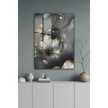 KutuTR Altın Detaylı Soyut Çiçek Desenli Temperli Cam Tablo 50X70 cm 2d Uv Baskı - YCT125
