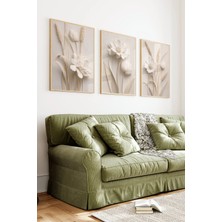 KutuTR Ahşap Çerçeveli 2d Uv Baskı 3'lü Tablo Set–krem Bej Tonlarda Kabartma Çiçek Desenli Minimal- CRV1316