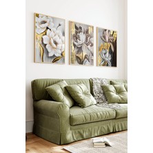 KutuTR Ahşap Çerçeveli 2d Uv Baskı 3'lü Tablo Set–modern Altın Varaklı Soyut Çiçek- CRV1440