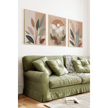 KutuTR Ahşap Çerçeveli 2d Uv Baskı 3'lü Tablo Set–toprak Tonlarında Minimal Yaprak Desenli- CRV1326