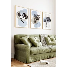KutuTR Ahşap Çerçeveli 2d Uv Baskı 3'lü Tablo Set–mavi Gri Soyut Floral Illüstrasyon- CRV1370