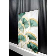 KutuTR Lüks Gold Detaylı Yeşil Ginkgo Yaprağı Temperli Cam Tablo 50X70 cm 2d Uv Baskı - YCT258