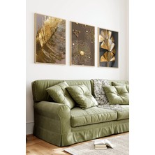 KutuTR Ahşap Çerçeveli 2d Uv Baskı 3'lü Tablo Set–gold Çiçek ve Ginkgo Yaprağı- CRV1385