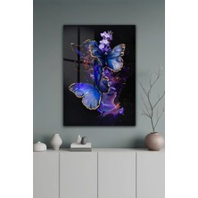 KutuTR Mavi Kelebekli Mor Çiçekli Siyah Zemin Dekoratif Temperli Cam Tablo 50X70 cm 2d Uv Baskı - YCT087