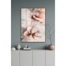 KutuTR Krem ve Pudra Tonlu Gold Detaylı Çiçek Desenli Temperli Cam Tablo 50X70 cm 2d Uv Baskı - YCT545