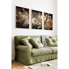 KutuTR Ahşap Çerçeveli 2d Uv Baskı 3'lü Tablo Set–çerçeveli Siyah Zeminli Gold Beyaz Çiçek Desenli- CRV1259