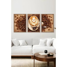 KutuTR Kahverengi Ahşap Çerçeveli 2duv Baskı 3’lü Mdf Tablo–latte Art ve Kahve Çekirdeği-Kahve CRV1008