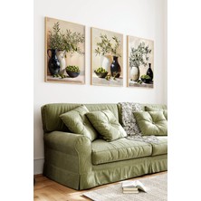 KutuTR Ahşap Çerçeveli 2d Uv Baskı 3'lü Tablo Set–zeytin Dalı ve Yeşil Zeytin Temalı- CRV1279