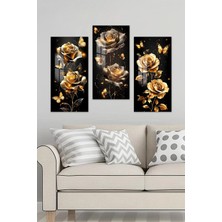 KutuTR 3D Görünümlü 2d Uv Baskı Temperli Cam Tablo Set – Altın Gül ve Kelebek 30X60 Cm- DCS045