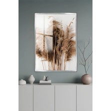 KutuTR Gri Alüminyum Çerçeveli Bej Tonlarında Pampas Otu Minimal Temperli Cam Tablo Uv Baskı -Silver GRCT151