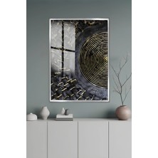 KutuTR Gri Alüminyum Çerçeveli Siyah ve Altın Dairesel Dokulu Modern Temperli Cam Tablo Uv Baskı -Silver GRCT159