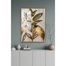 KutuTR Gold Alüminyum Çerçeve Minimal Yaprak Desenli Temperli Cam Tablo 2duv Baskı -Gold GCT138