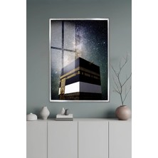 KutuTR Gri Alüminyum Çerçeveli Kabe ve Samanyolu Manzaralı Temperli Cam Tablo 2d Uv Baskı -Silver GRCT069