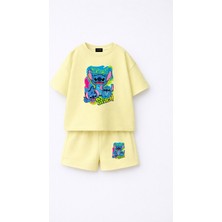 Fasardi Stitch Baskılı Oversize %100 Pamuk Tişört Şort Çocuk 2li Takım
