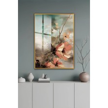KutuTR Gold Alüminyum Çerçeve Pastel Tonlarda Soyut Çiçek Desenli Temperli Cam Tablo 2duv Baskı -Gold GCT181