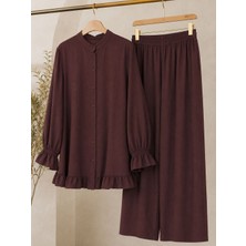 SFG Life Moda Kadın Çilek Kumaş Dik Yaka Düğmeli Fırfır Detaylı Tesettür Tunik Pantolon Ikili Takım