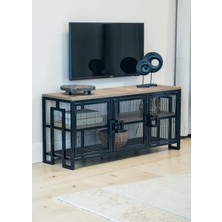 Dekoratif Metal Gövdeli Ahşap Raflı Tv Ünitesi 3 Raflı 3 Kapaklı Tv Sehpası 120 x 30 cm Televizyon Ünitesi