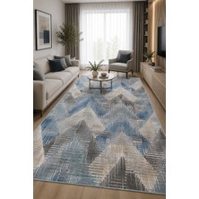 Norella Home Modern Geometrik Desenli Kaymaz Taban Yıkanabilir Salon Mutfak Koridor Halısı Mavi Gri Dekoratif Halı