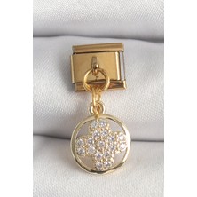 Eco Lounge 316L Çelik Gold Renk Sallantı Zirkon Taşlı Yonca Model Nomination Charm