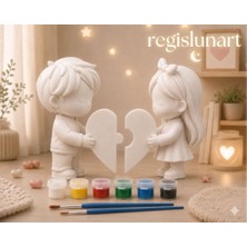 Regislunart Sevgililere Özel 7.5cm Boyanabilir Geçirmeli Kalp Sevgili Figürü-Birleşen Kalp Puzzle Dekor Seti 6lı Boya 2 Fırça 3D Boyama Seti