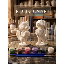 Regislunart Sevgililere Çocuklara Özel 3D ( 9cm )Buketli Köpek&kalpli Kedi Figürü Boyanabilir Date Boyama Seti 6 Boya 2 Fırça