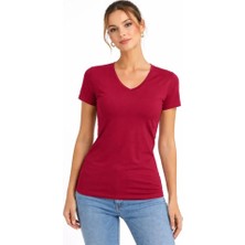 Nova Epoxy Art   T-Shirt V Yaka Slim Fit Likralı Tişört Günlük Basic Body - Bordo