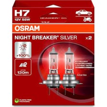 Larskas Osram H7 Night Breaker Silver Far Ampulü, 12V 55W, 2'li PAKET,%100 Daha Fazla Işık, 130M Mesafe