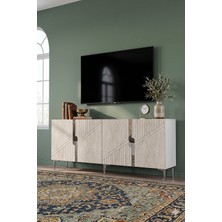 Yumedi Design KA1528BTS - Meba Konsol, Tv Sehpası, Çok Amaçlı Dolap ve Kahve Köşesi 150CM Beyaz-Traverten-Silver