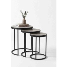 3'lü Siyah Mermer Desenli Mdf C Zigon Sehpa Takımı Siyah Metal Ayaklı Modern Salon Sehpası