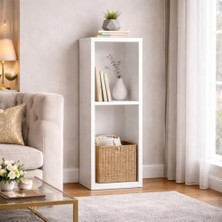 Larskas Pıkas Modern Minimalist 2 Raflı Dekoratif Kitaplık ve Yan Sehpa – Beyaz, Dikey Tasarım